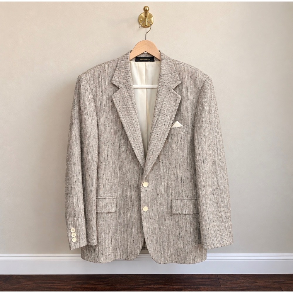 Vintage Imperial by Haggar Blazer Mens 44 Tan Textured Slub Sport Coat USA Made
